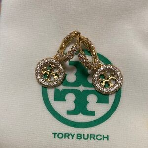 Tory Burch Gold Crystal Logo Drop Earrings with Pavé Accents